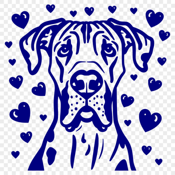 A stylized illustration of a Great Dane's head with heart patterns surrounding it.