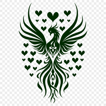 A full-body mythical creature with love hearts, depicted in vibrant colors.