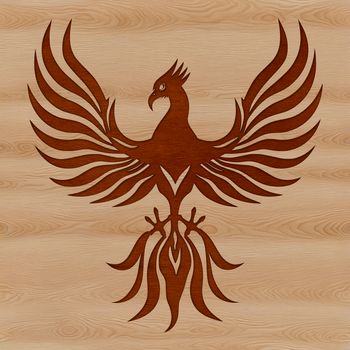 A mythical creature with radiant plumage and fiery tail rises from the ashes in this vector art design.