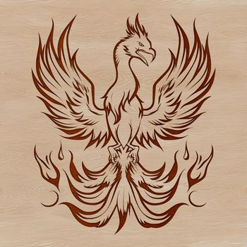 A mythical creature from ancient mythology with fiery plumage rising from the ashes.