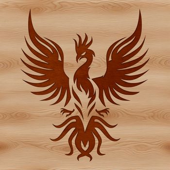 A mythical creature with eagle-like features, rising from the ashes in a bold vector design.