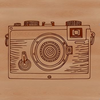 A digital camera with lens and viewfinder, illustrated in vector format.