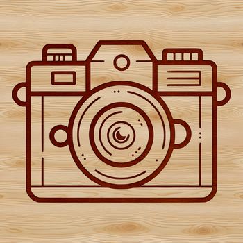 A digital camera with lens and viewfinder, depicted in vector format.