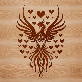 A mythical creature with love hearts rising from the ashes in a vector design.