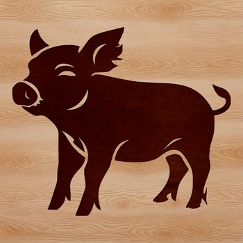 A cartoon pig standing on its hind legs in a farm setting.
