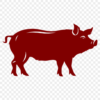 A standing farm animal with curly tail and ears.