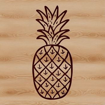 A sliced pineapple on a tropical beach with a palm tree in the background.