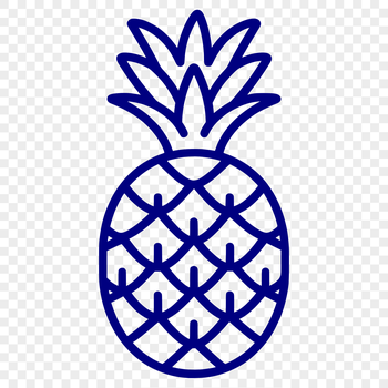 A simple line drawing of a pineapple fruit with rounded leaves and a prominent crown.