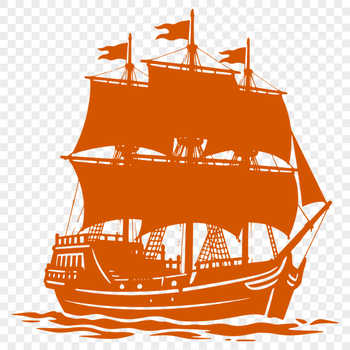 A cartoon illustration of a swashbuckling pirate standing on the deck of a sailing ship.
