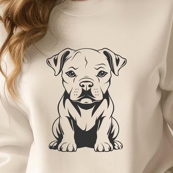 A full-body illustration of a sitting pitbull, suitable for use as vector art in designs.