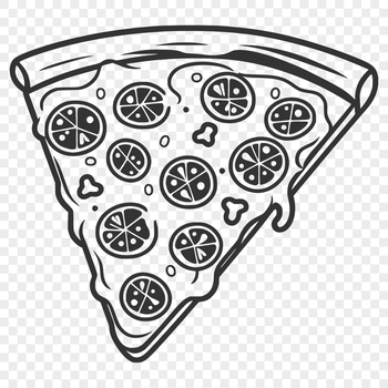 A digital illustration of a slice of pizza with melted cheese and toppings.