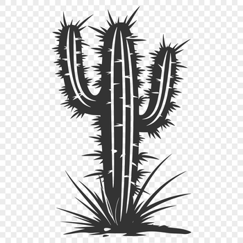 A stylized illustration of a cactus plant in a desert landscape.