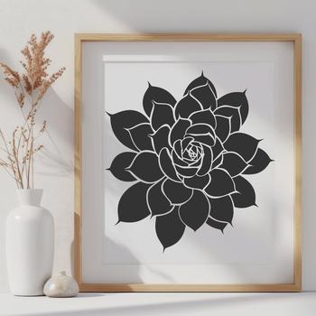 An intricately detailed vector drawing of a cactus-inspired succulent in a garden setting.