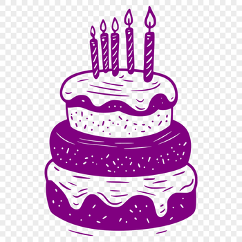 A colorful illustration of a birthday cake with candles and decorations, suitable for digital design projects.