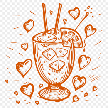 A glass containing a cocktail garnished with love hearts.