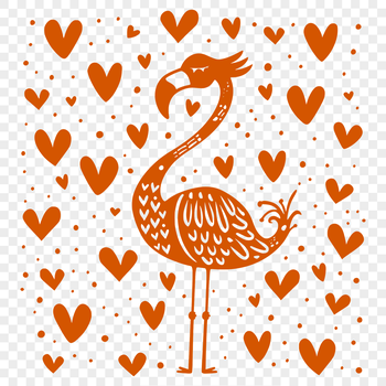 A stylized, full-body flamingo illustration with hearts surrounding its body.