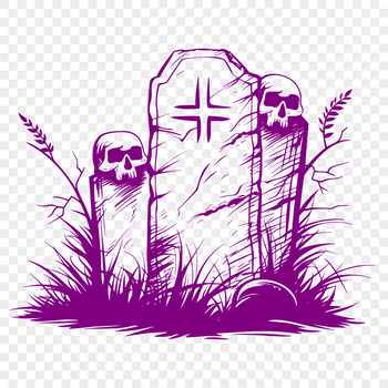 A stylized illustration of a grave stone with spooky symbols and a witch's hat in the foreground.