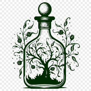 An ornate illustration of a witch's potion bottle and various magical artifacts surrounded by mystical symbols.