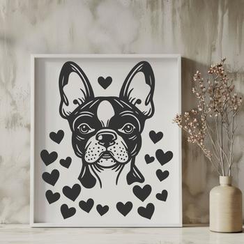 A cartoon Boston Terrier dog with heart-shaped accessories on its head, suitable for use in digital design projects.