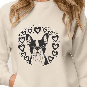 A cute Boston Terrier dog illustration featuring heart accents on its head.