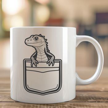 Illustrated lizard peeking out from behind a rock.