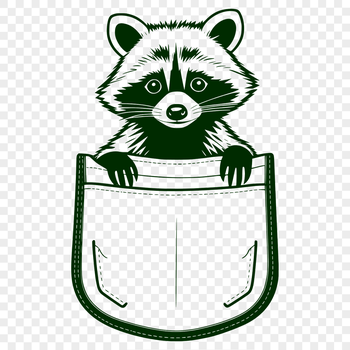 A cartoon raccoon peeking out from behind a pocket, created as a vector design.