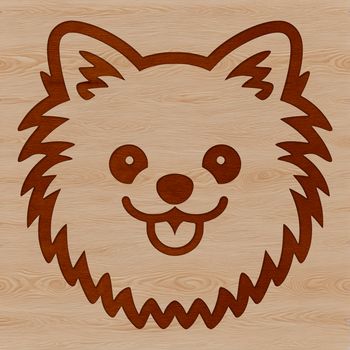 A simple line drawing of a small dog's head with a rounded face and fluffy ears.