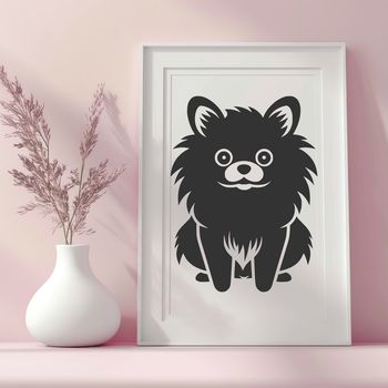 A full-body illustration of a sitting Pomeranian dog in a vector format.