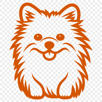 A simple line drawing of a sitting Pomeranian dog in full body pose.
