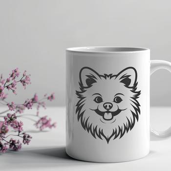 A simple line drawing of a small dog with a distinctive head shape, typical of the Pomeranian breed.