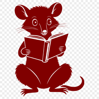 A close-up illustration of a wild animal's face, specifically a possum, with a book in its paws.