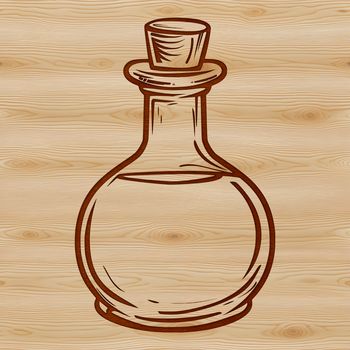 A magical illustration of a witch's potion bottle with mystical symbols and a spellbook, conveying the essence of witchcraft.
