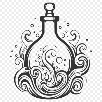 A witch's potion bottle on a dimly lit, ornate table with candles and mystical symbols.