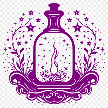 A detailed illustration of witchcraft elements in a gothic style, including a potion bottle and magical symbols.