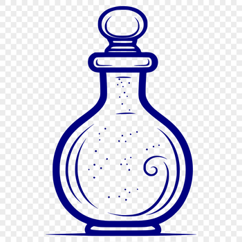 A young witch holds a potion bottle in front of a cauldron with swirling steam.