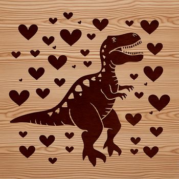 Illustrated prehistoric T-Rex with heart symbols surrounding its body, suitable for vector art projects.