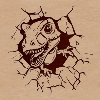 A cartoon illustration of a baby Tyrannosaurus Rex dinosaur standing in front of a demolished wall.