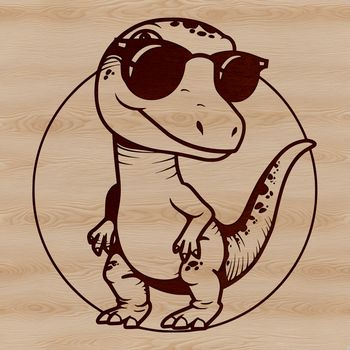 A small baby dinosaur wearing sunglasses, depicted in a prehistoric landscape.