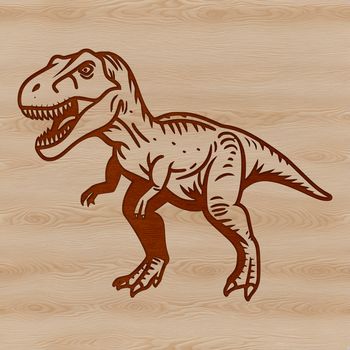 A digital illustration of a Tyrannosaurus Rex in prehistoric settings.