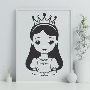 A young female character wearing a crown and royal attire, suitable for design projects.