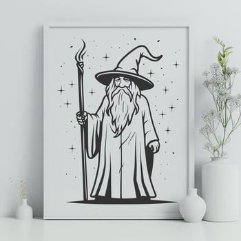 Illustration of a medieval-style wizard with full body, standing in front of a mystical background.