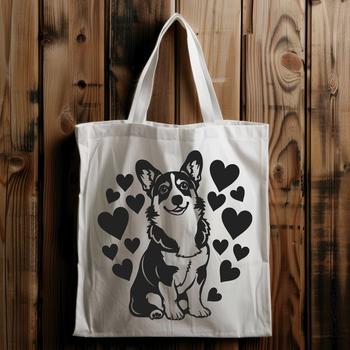 A full-body illustration of a sitting Welsh Corgi with decorative heart details.