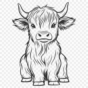 A full-body illustration of a Scottish Highland cow sitting on its haunches.