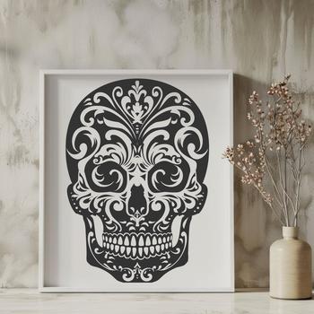 A detailed illustration of a human skull in bold lines and simple shapes.