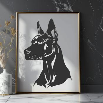 Close-up vector portrait of a Doberman Pinscher dog breed featuring sharp contours and defined facial structure.