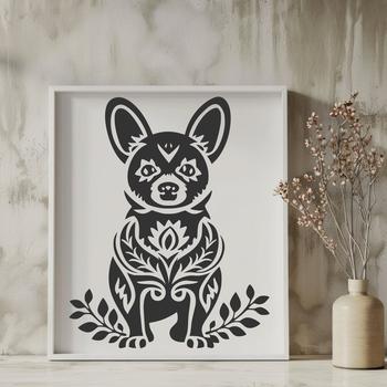 A stylized illustration of a Welsh Corgi sitting on its haunches, depicted in a simple yet ornate design.