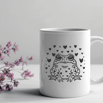 A detailed illustration of a toad with hearts surrounding its body.