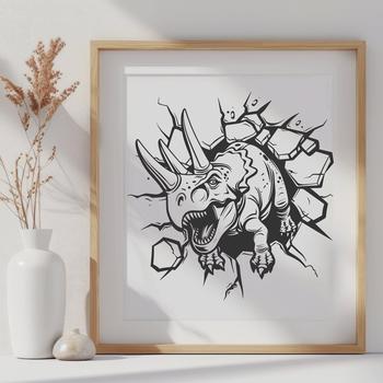 A prehistoric dinosaur breaking through a brick wall in a full body illustration.