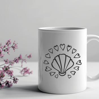 A stylized seashell with love hearts incorporated into the design.