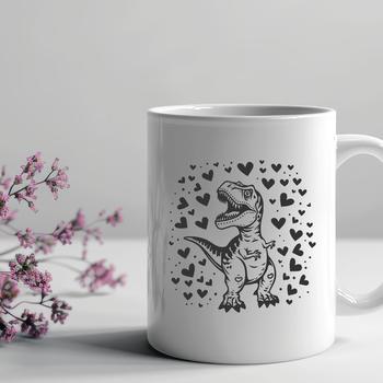 A colorful illustration of a full-body Tyrannosaurus Rex with love hearts scattered across its body.